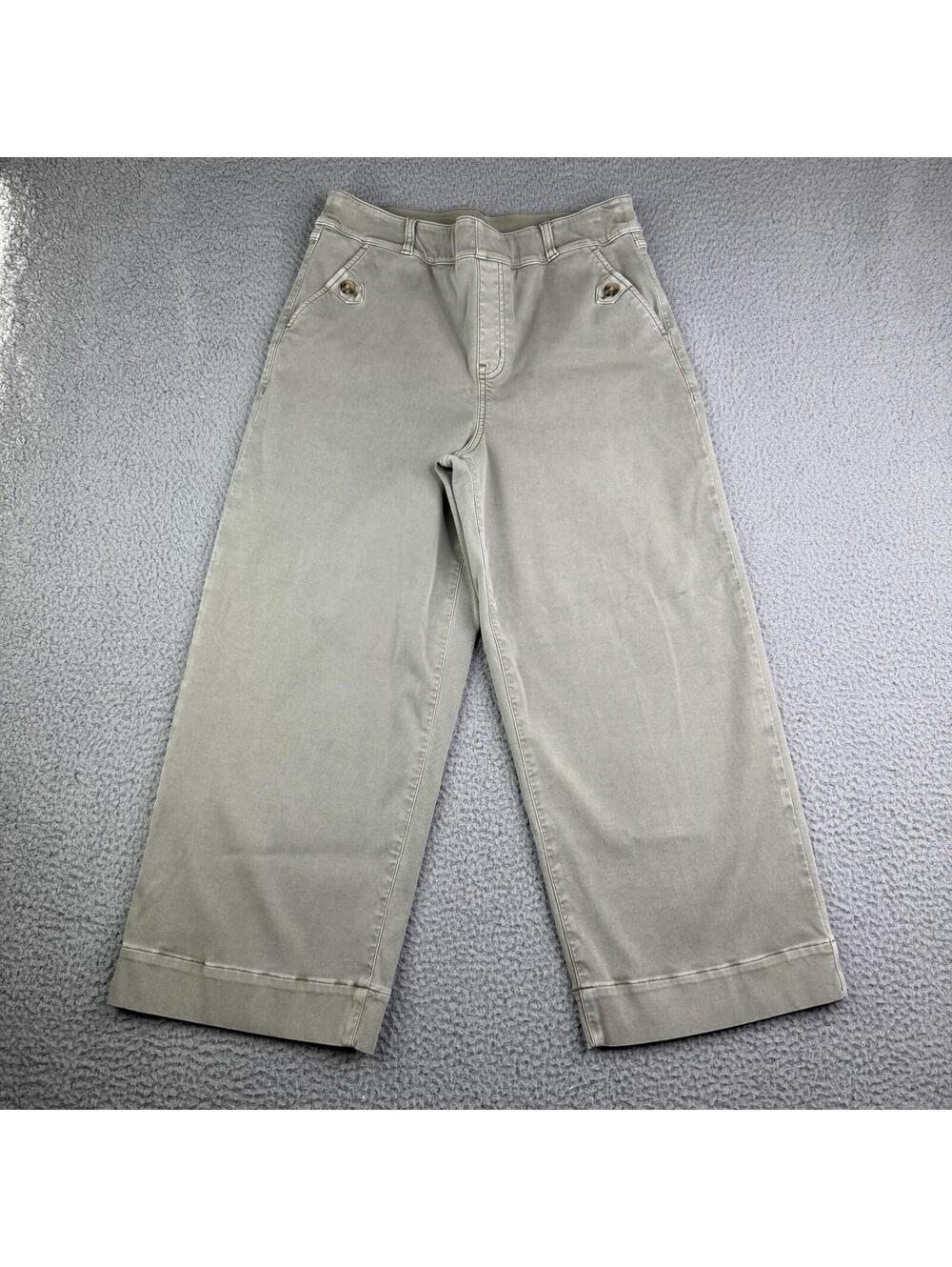 Spanx Green Twill Cropped Wide Leg Pants Women's Large (30x23) High Rise Stretch - Picture 2 of 12